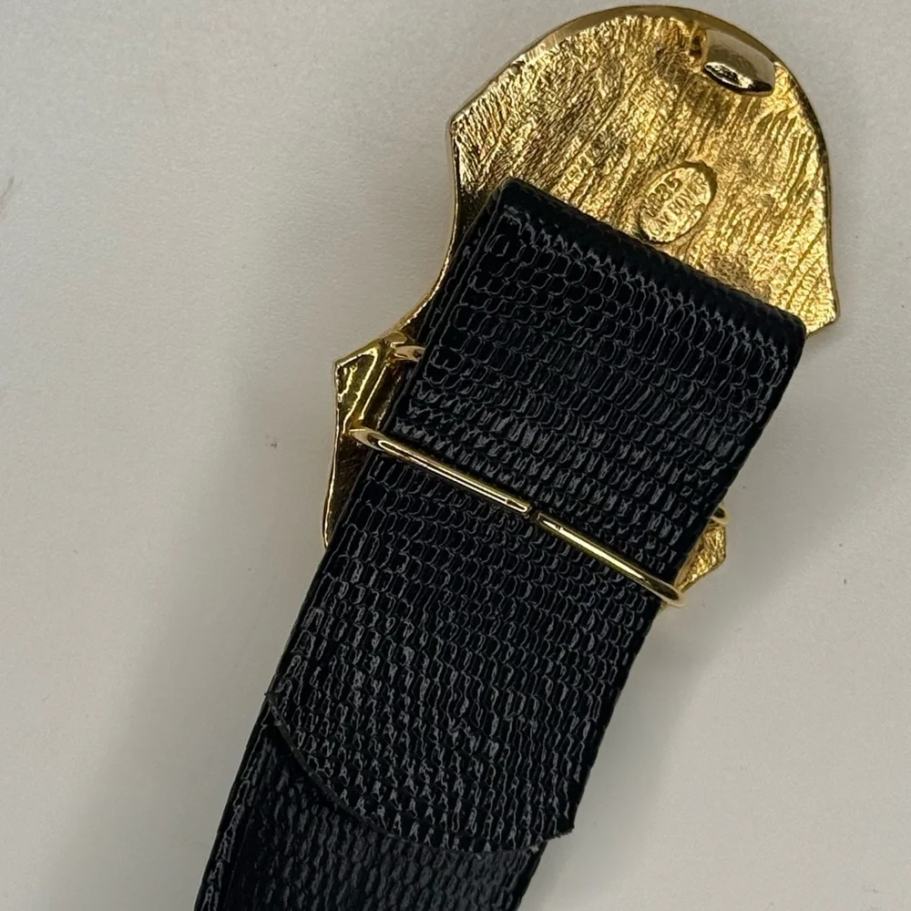 Vintage 1985 Gay Boyer Dover Belt Baroque Gold Buckle Black Lizard Embossed Belt